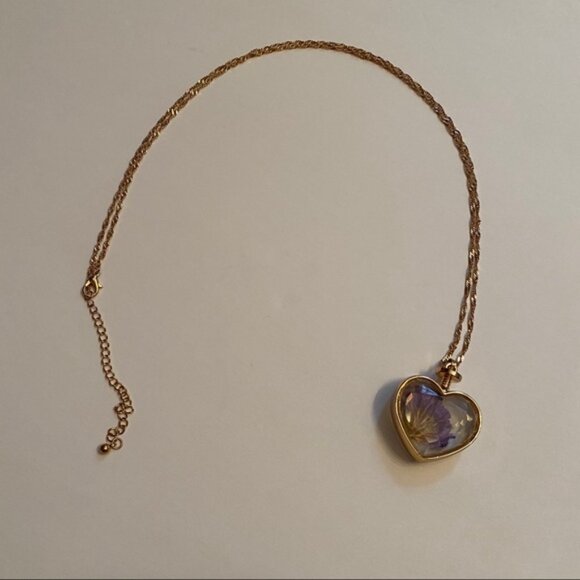 NECKLACE GOLD TONE ROPE CHAIN PENDANT HEART PURPLE FLOWER KEEPSAKE - Picture 3 of 12